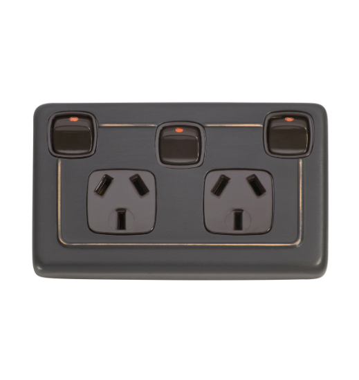 3 Gang Flat Plate Rocker Switches with Double Socket