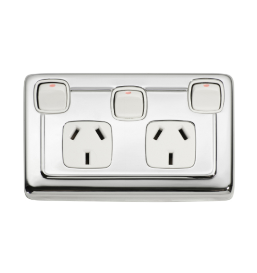 3 Gang Flat Plate Rocker Switches with Double Socket