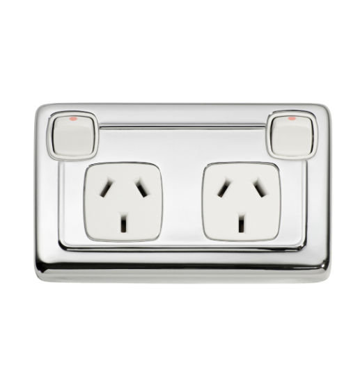 2 Gang Flat Plate Rocker Switches with Double Socket